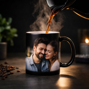 Magic mug with couple photo heat reveal black mug turning into photo when hot coffee is poured