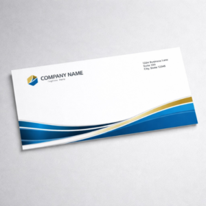 Corporate envelope with blue and gold wave design and logo