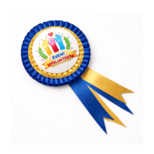 Blue and gold event volunteer rosette badge