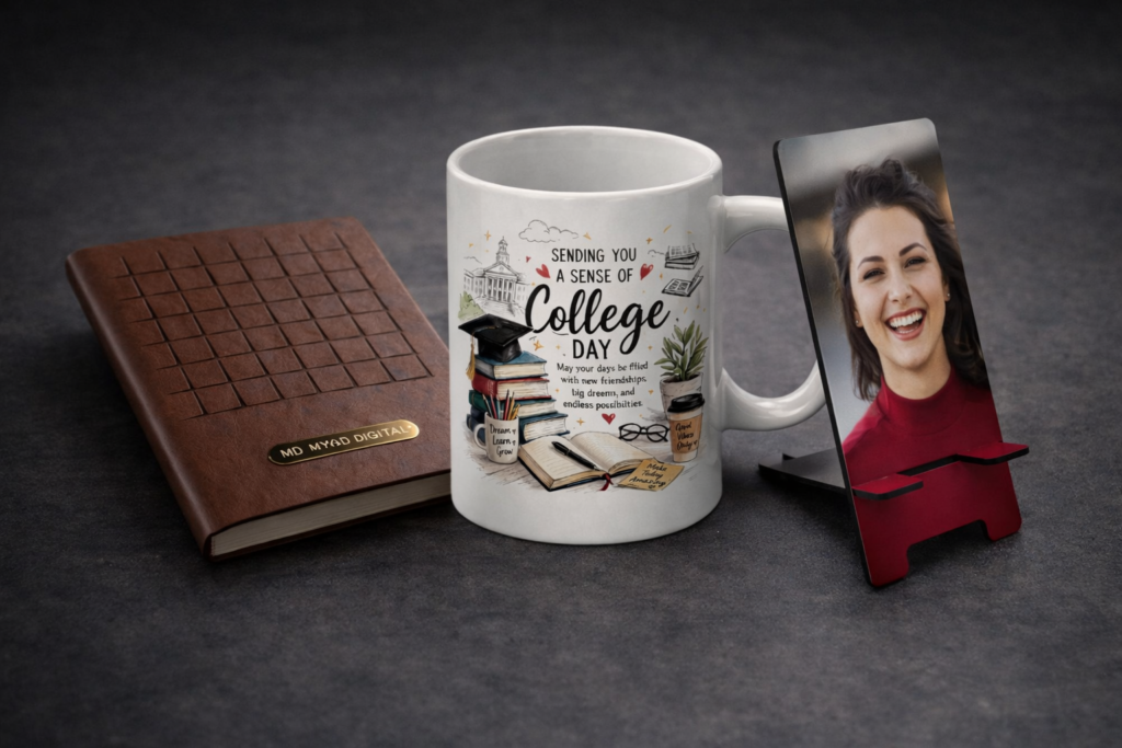 Custom corporate gift set with branded diary, printed mug, and personalized mobile stand