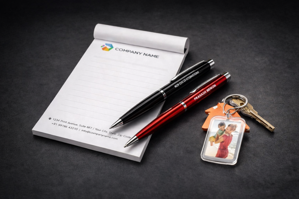 Custom corporate gift set with branded notepad, metal pens, and printed acrylic keychain