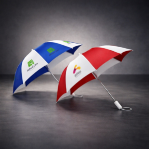 Custom printed umbrellas with logo branding in red and blue panels side view