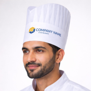 Custom printed chef cap with logo front view professional kitchen uniform