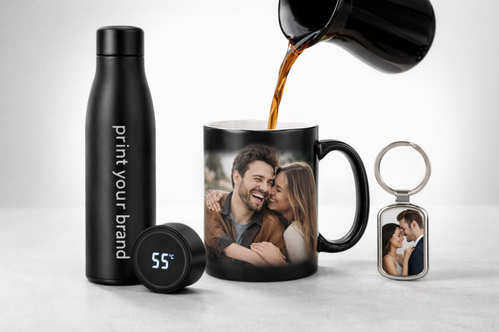 Custom printed gift combo featuring personalized photo mug, printed keychain with couple image, and designer water bottle in professional studio setup