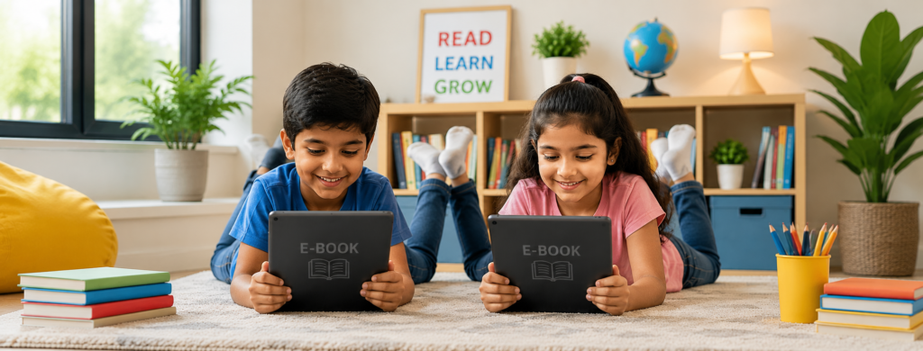 Kids reading e-books on tablets in a bright learning room, promoting digital education and online reading for children