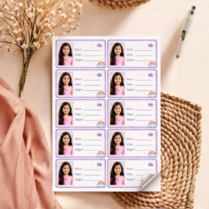 Custom kids photo name slip sticker sheet with 10 personalized school labels on A4 sheet