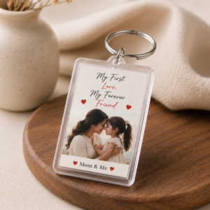 Personalized acrylic photo keychain featuring a mother and daughter portrait with heartfelt quote and elegant studio background.