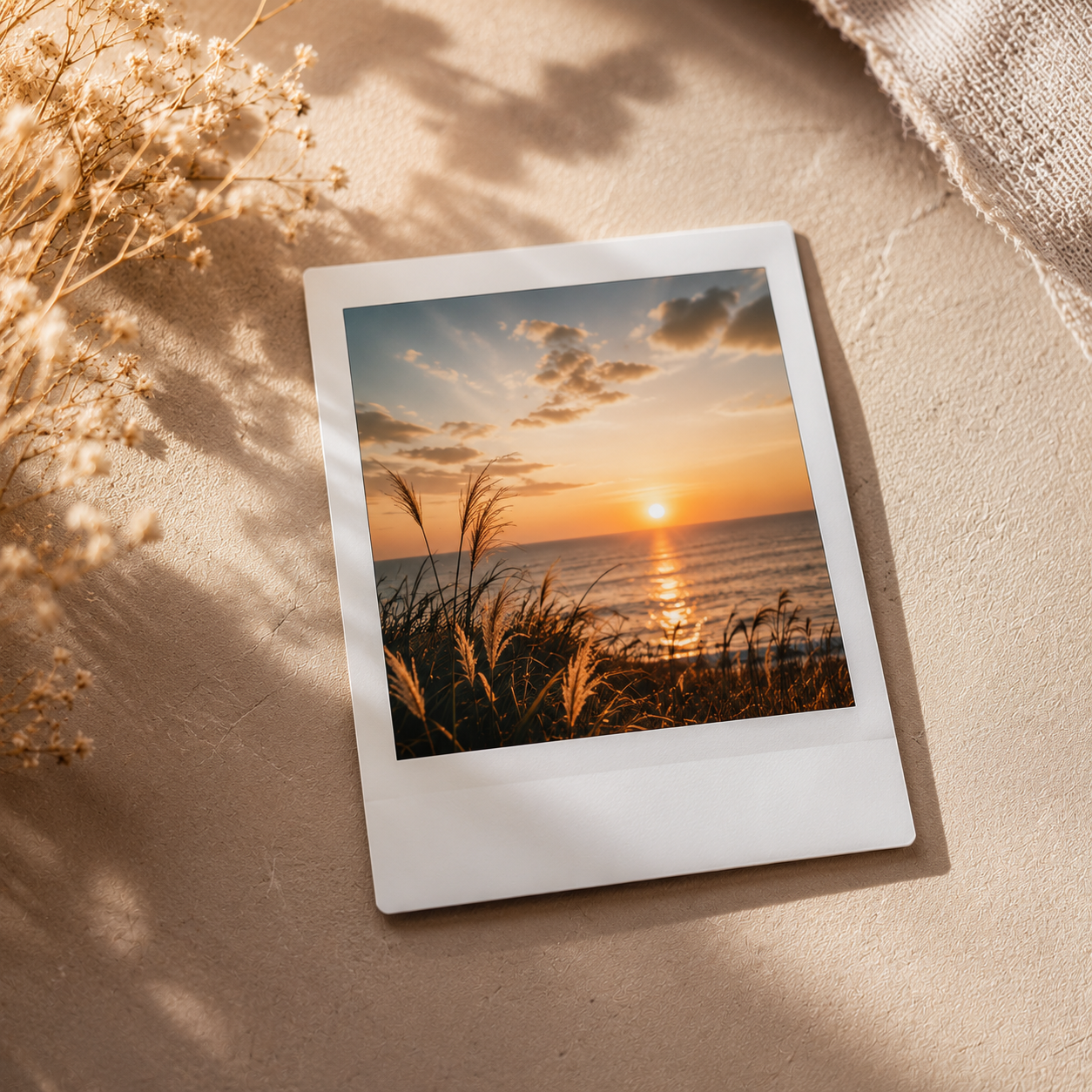 Studio-quality polaroid photo of a happy family sitting on a beach during sunset with warm aesthetic lighting and vintage background styling.