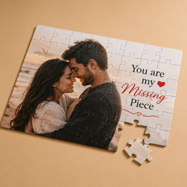 Romantic personalized couple photo puzzle with missing piece design and heartfelt love quote.